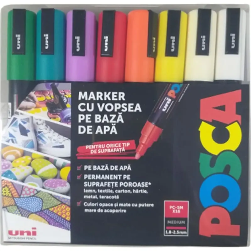 Set 16 Markere POSCA PC-5M , Varf Mediu 1.8, 2.5 mm