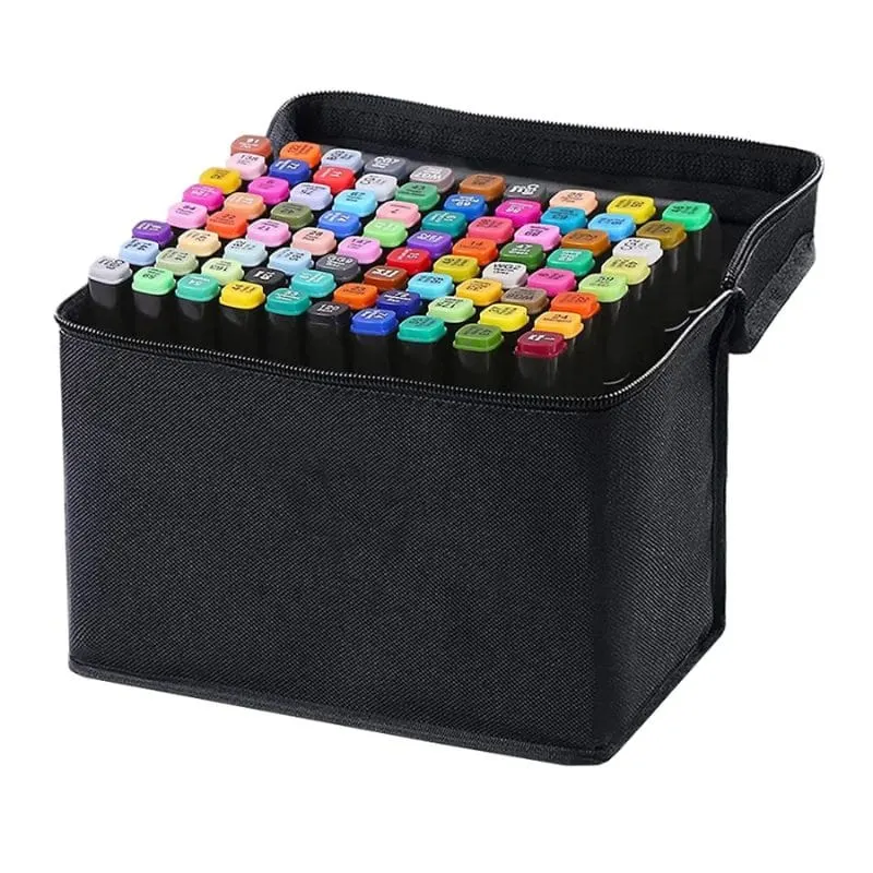 Set 80 Markere Profesionale, Culori Multicolore Vibrante cu Cerneala pe Baza de Alcool, Cu Doua Capete, Subtire si Gros, Ideal pentru Copii Creativi, Stimuleaza Imaginatia si Dezvoltarea Artistica, In