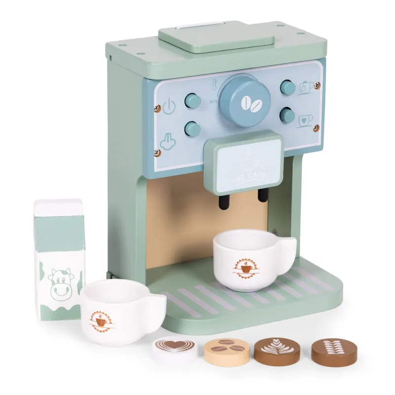 Aparat de Cafea copii Ecotoys, lemn, barista set, 8 piese, multicolor KID007332