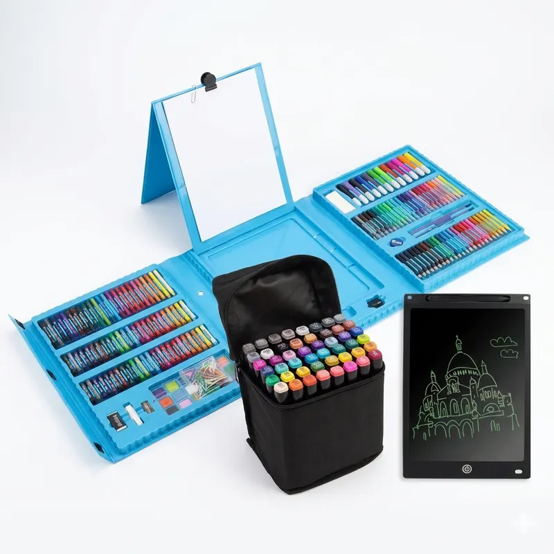 Pachet Creativ pentru Micul Artist – Set 208 Piese Pictură & Desen + Set 48 Markere Profesionale + Tabletă LCD 10 Inch Scris & Desenat | 5–6 ANI