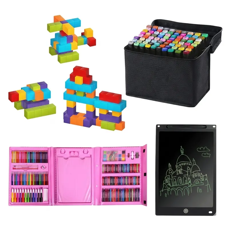 Pachet Educativ Complet pentru Copii – Set 96 Cuburi Magnetice 3D STEM + Set 80 Markere Profesionale + Set 208 Piese Pictură & Desen + Tabletă LCD 10 Inch | 5–6 ANI