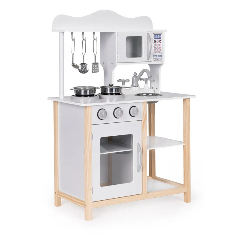 Bucatarie copii Ecotoys, lemn, cuptor si accesorii, alb KID012824