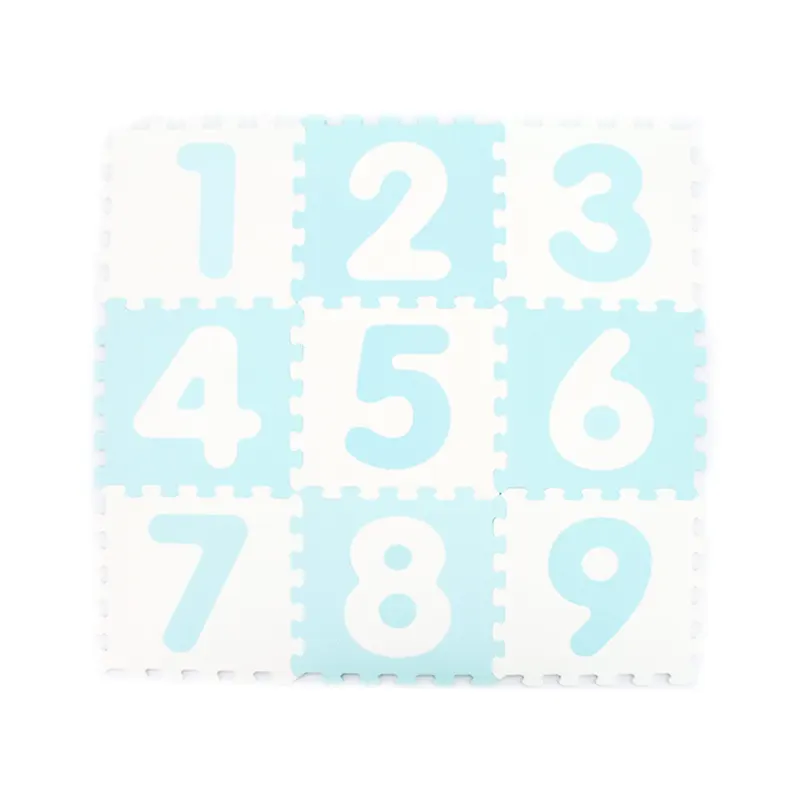Covor Puzzle Antibacterian LUDIRO cu Cifre 1-9, 9 Piese 32x32 cm, Spuma EVA cu Ioni de Argint, Alb Bleu