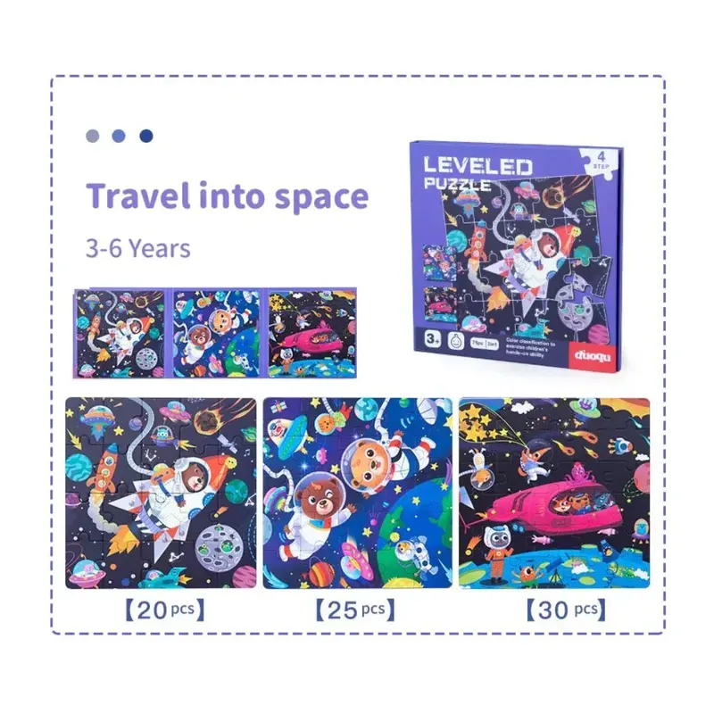 Carte puzzle 3 în 1, 10 tematici variate - Călătoria în spațiu