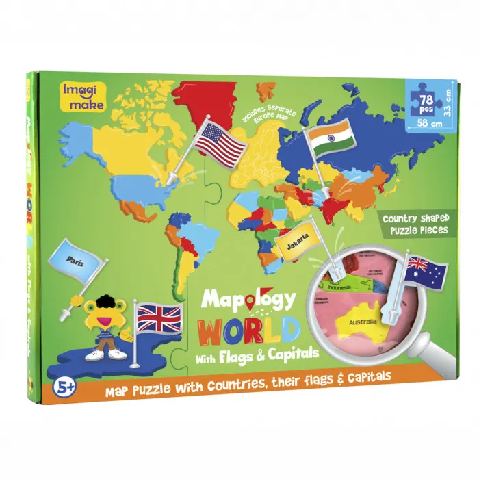 Puzzle Educativ din Spuma EVA - Harta Lumii cu Steaguri si Capitale