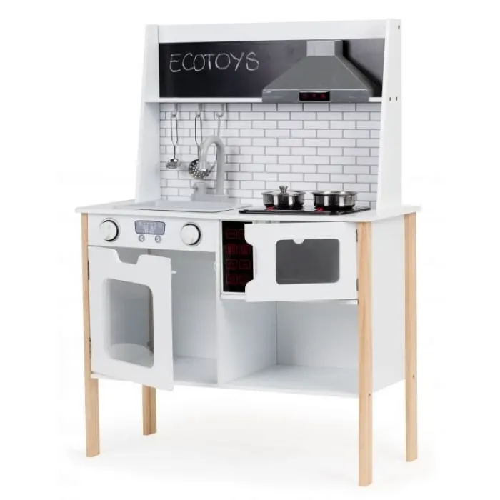 Bucatarie copii Ecotoys, lemn, accesorii, sunete si lumini, alb KID975389 — imaginea 4