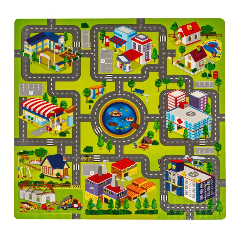 Covor Puzzle din Spuma EVA pentru Copii Ludiro, Set 9 Piese Educationale cu Harta Orasului