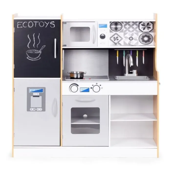 Bucatarie copii Ecotoys, lemn, sunete si lumini LED, 5 accesorii, multicolor KID003860