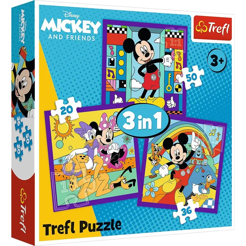 PUZZLE TREFL 3IN1 MICKEY MOUSE SI PRIETENII MICKEY SI ECHIPA LUI VESELA