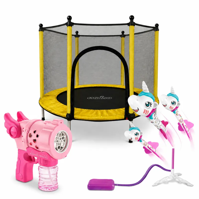 Pachet Curte Activă pentru Copii – Trambulina 122x140 cm cu Plasă de Protecție + Set Lansator cu 3 Rachete Spumă Unicorn + Pistol Baloane Săpun LUDIRO Îngeraș cu 6 Guri și LED | Exterior