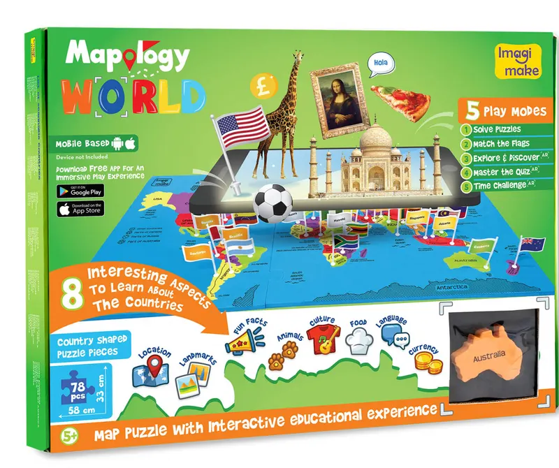 Puzzle Harta Lumii cu Steaguri si Capitale - Realitate Augmentata cu Activitati in Limba Engleza