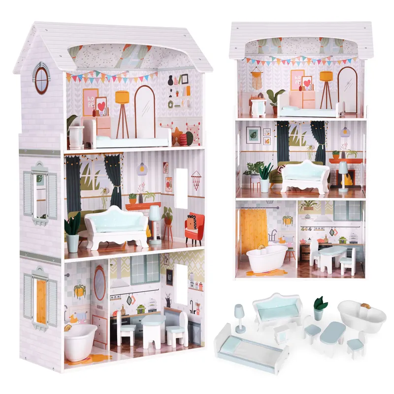 Casuta de Papusi Ecotoys, Alice, lemn, mobilier 9 piese, 3 etaje, multicolor KID006335