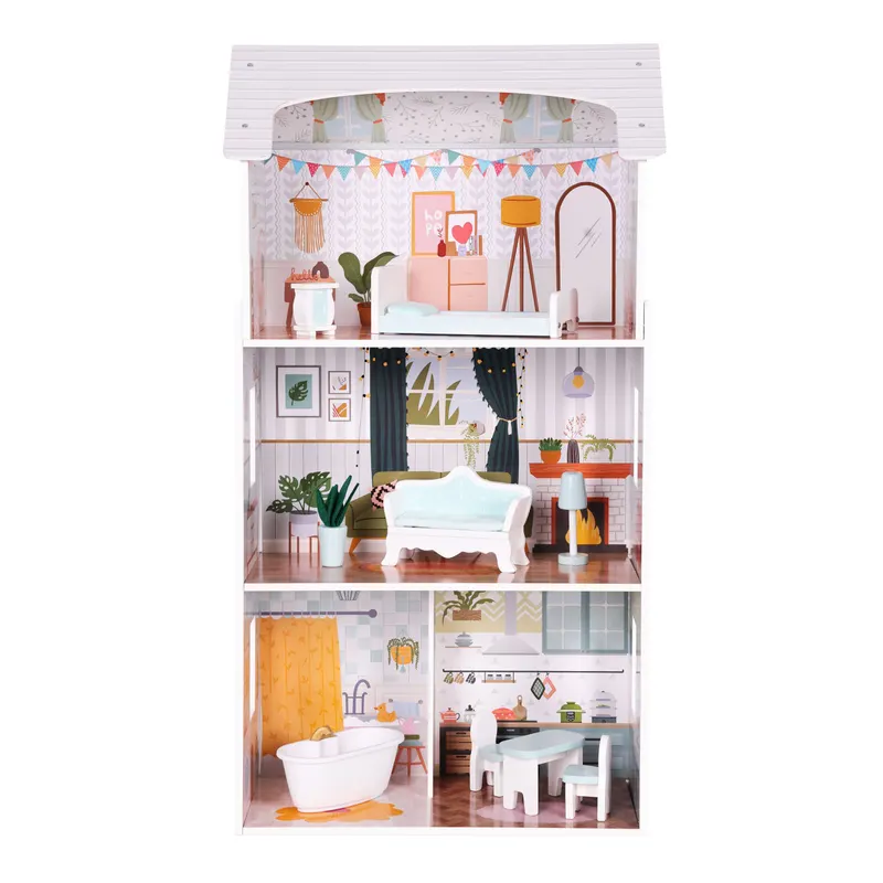 Casuta de Papusi Ecotoys, Alice, lemn, mobilier 9 piese, 3 etaje, multicolor KID006335 — imaginea 2