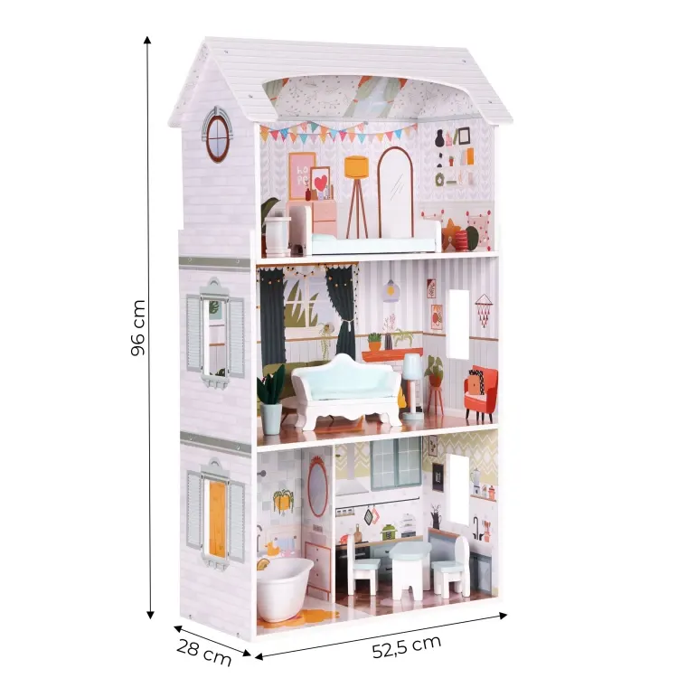 Casuta de Papusi Ecotoys, Alice, lemn, mobilier 9 piese, 3 etaje, multicolor KID006335 — imaginea 3