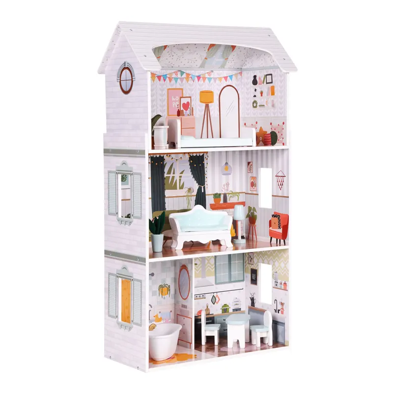 Casuta de Papusi Ecotoys, Alice, lemn, mobilier 9 piese, 3 etaje, multicolor KID006335 — imaginea 4