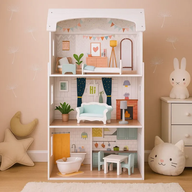 Casuta de Papusi Ecotoys, Alice, lemn, mobilier 9 piese, 3 etaje, multicolor KID006335 — imaginea 5