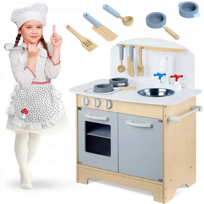 Bucatarie copii Ricokids, lemn, 5 accesorii, alb/gri KID613501