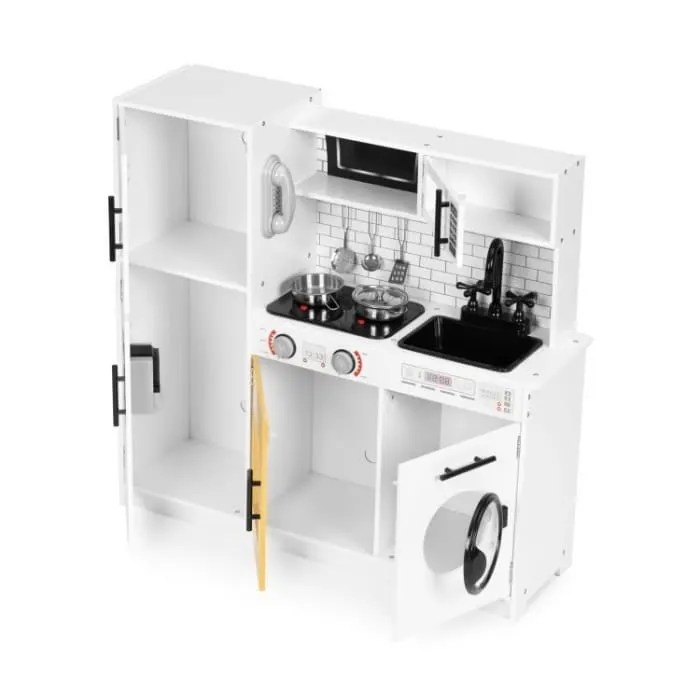Bucatarie copii Ecotoys, lemn, 5 accesorii, sunete si lumini, alb KID000005 — imaginea 4