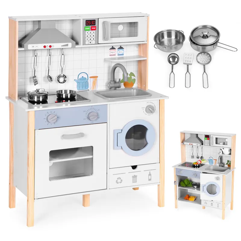 Bucatarie copii Ecotoys, lemn, sunete, lumini LED, masina de spalat, cuptor, 5 accesorii, multicolor KID006342