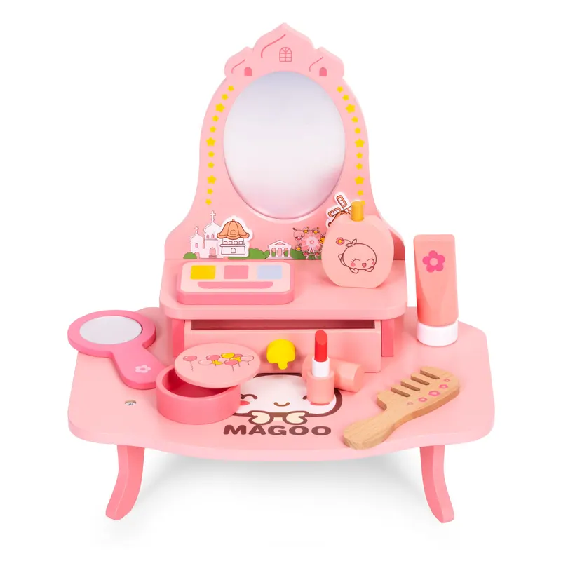 Masuta de toaleta copii Ecotoys, lemn, oglinda, sertar, 7 accesorii, roz KID007271