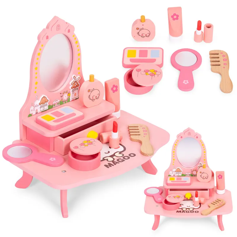 Masuta de toaleta copii Ecotoys, lemn, oglinda, sertar, 7 accesorii, roz KID007271 — imaginea 2