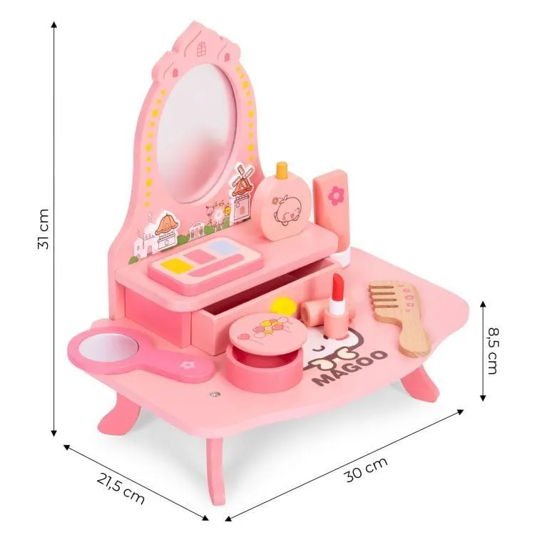 Masuta de toaleta copii Ecotoys, lemn, oglinda, sertar, 7 accesorii, roz KID007271 — imaginea 3