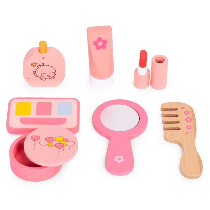 Masuta de toaleta copii Ecotoys, lemn, oglinda, sertar, 7 accesorii, roz KID007271 — imaginea 4