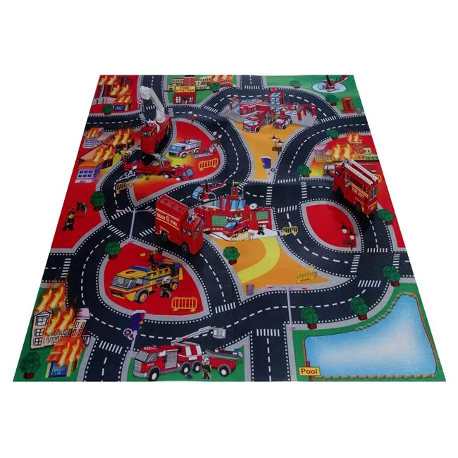 Covoras de joaca cu 3 masinute de pompieri,80x70 cm