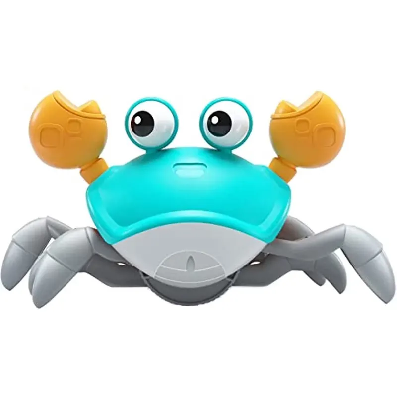 Jucarie Interactiva Bebelusi, Crab Care se Taraste, Muzica, Senzor de Obstacole, Stimuleaza Miscarea, Acumulator cu Incarcare USB, Albastru, 23x14x11 Cm, + 9 Luni
