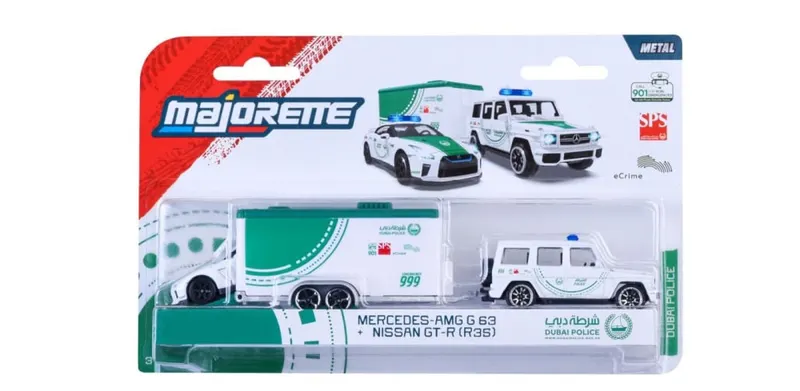 MAJORETTE SET REMORCA DE POLITIE DUBAI DELUXE MERCEDES AMG G63 SI MASINUTA NISSAN GT-R R35