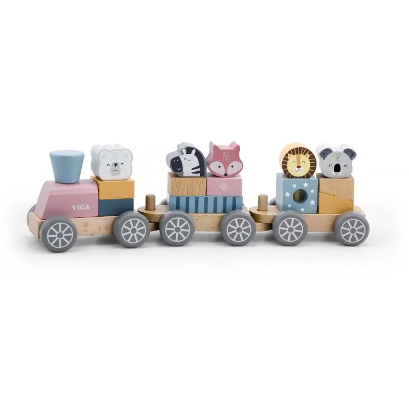 Trenulet din lemn Viga PolarB, vagoane și animale, multicolor KID440151