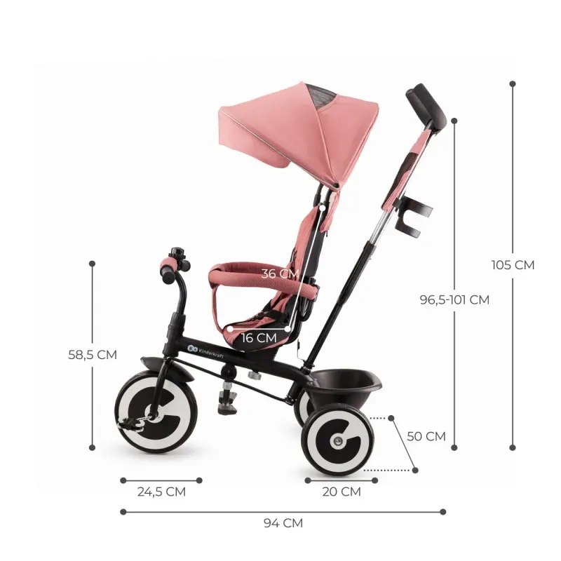 Tricicleta cu pedale Kinderkraft Aston, scaun rotativ, maner, roz KID922369 — imaginea 4