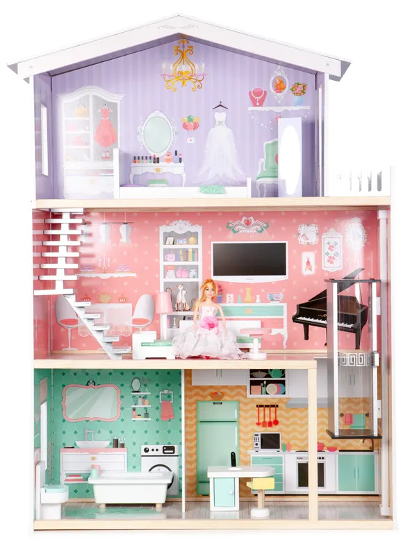 Casuta de Papusi Ecotoys, Candy, lemn, 3 etaje, 4 camere, mobilier 10 piese, multicolor KID004287