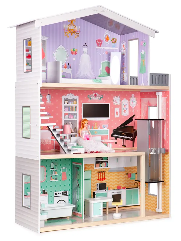 Casuta de Papusi Ecotoys, Candy, lemn, 3 etaje, 4 camere, mobilier 10 piese, multicolor KID004287 — imaginea 2