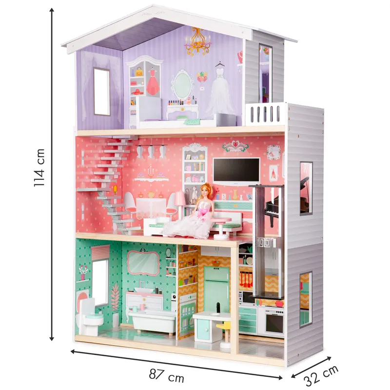 Casuta de Papusi Ecotoys, Candy, lemn, 3 etaje, 4 camere, mobilier 10 piese, multicolor KID004287 — imaginea 3