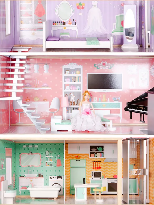 Casuta de Papusi Ecotoys, Candy, lemn, 3 etaje, 4 camere, mobilier 10 piese, multicolor KID004287 — imaginea 4