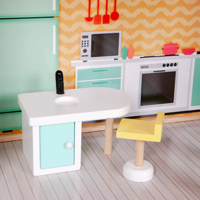 Casuta de Papusi Ecotoys, Candy, lemn, 3 etaje, 4 camere, mobilier 10 piese, multicolor KID004287 — imaginea 5
