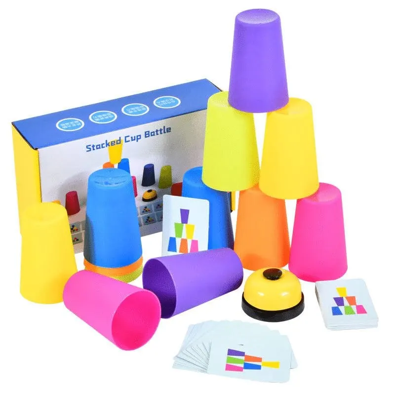 Joc de Societate Speed Cups, Interactiv Educativ Montessori, 12 Cupe, Clopotel, Carti de Joc, + 3 Ani