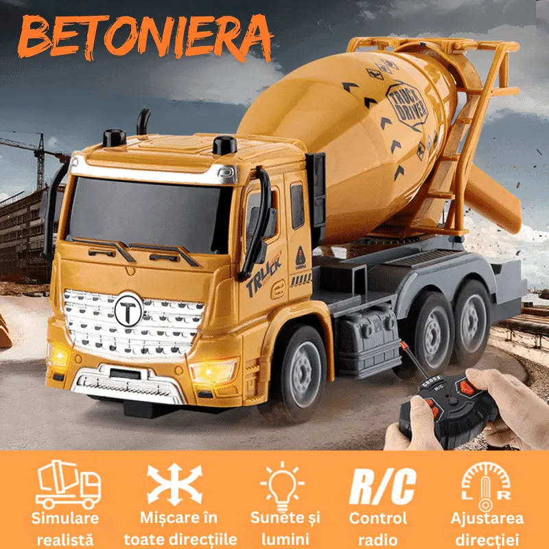 Betoniera cu telecomanda RC LUDIRO, Camion realist 1:20 cu Rezervor Rotativ 360°, Sunete, Lumini si Control Complet, Ideal pentru Copii Pasionati de Constructii