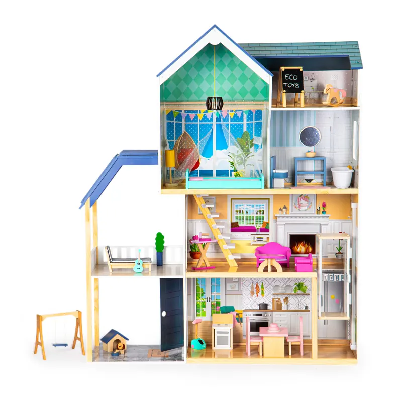 Casuta de Papusi Ecotoys, Maya, lemn, 3 etaje, terasa, mobilier, multicolor KID974887