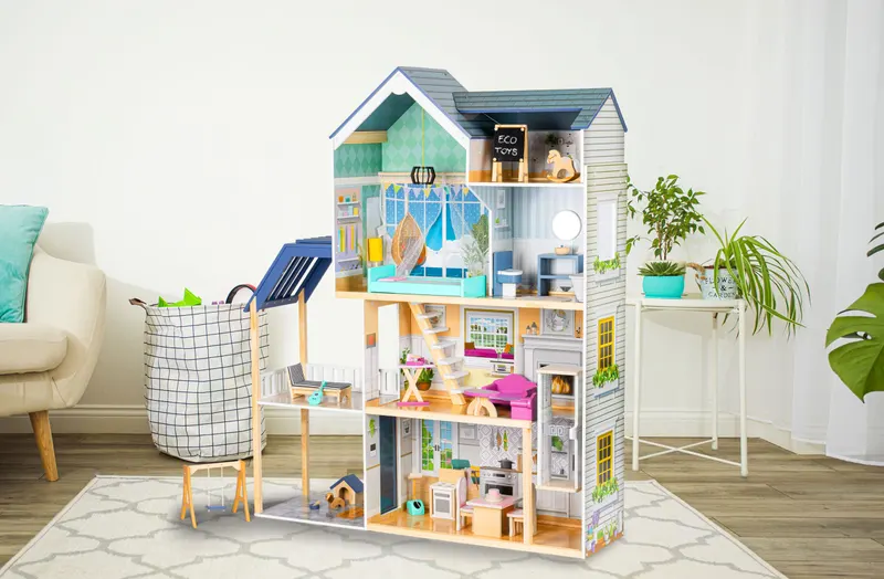 Casuta de Papusi Ecotoys, Maya, lemn, 3 etaje, terasa, mobilier, multicolor KID974887 — imaginea 2