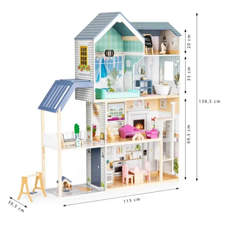 Casuta de Papusi Ecotoys, Maya, lemn, 3 etaje, terasa, mobilier, multicolor KID974887 — imaginea 3