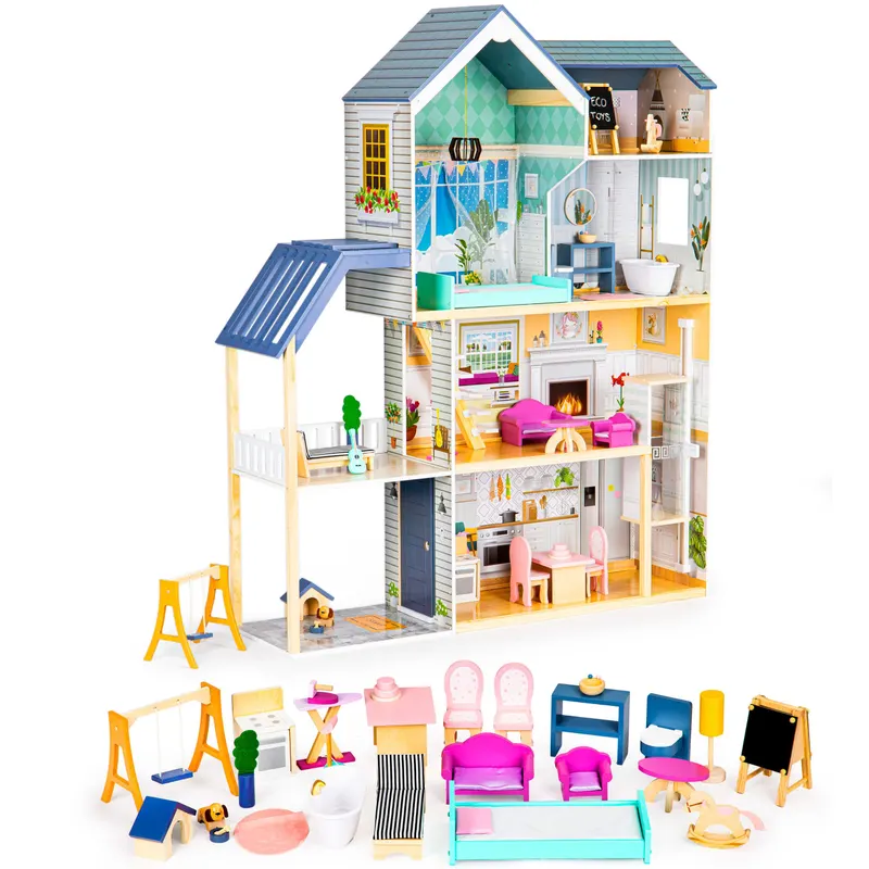 Casuta de Papusi Ecotoys, Maya, lemn, 3 etaje, terasa, mobilier, multicolor KID974887 — imaginea 4