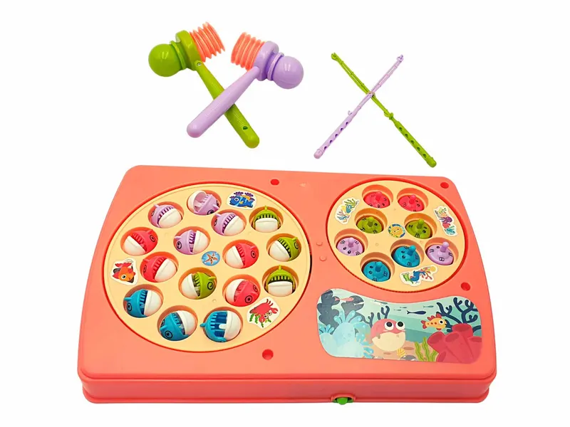 Set Interactiv 2 in 1, Joc Pescuit cu 15 Pestisori si 2 Undite, Joc Whack A Mole cu 8 Cartite si 2 Ciocanele, Cadru Rotativ, Sunete, 28x18x4 Cm, Roz, + 3 Ani