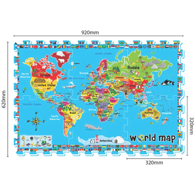 Covor Puzzle din Spuma EVA pentru Copii Ludiro, Set 6 Piese Educationale cu Harta Lumii, Sigur, Non-Toxic, Suprafata Totala 92x62 Cm, Joaca si Invatare