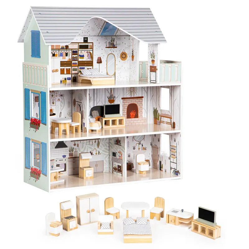 Casuta de Papusi Ecotoys, Emma, lemn, 3 etaje, 6 camere, mobilier 10 piese, multicolor KID974870