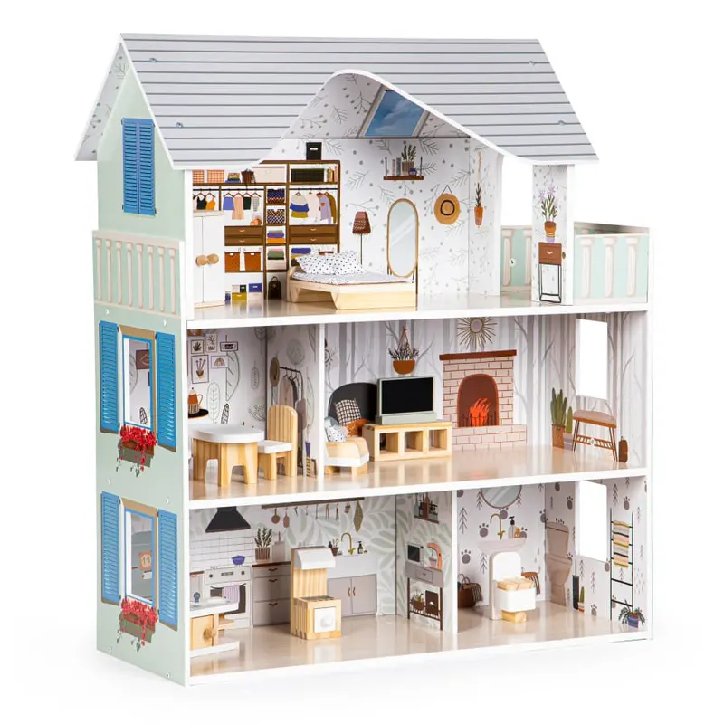 Casuta de Papusi Ecotoys, Emma, lemn, 3 etaje, 6 camere, mobilier 10 piese, multicolor KID974870 — imaginea 2