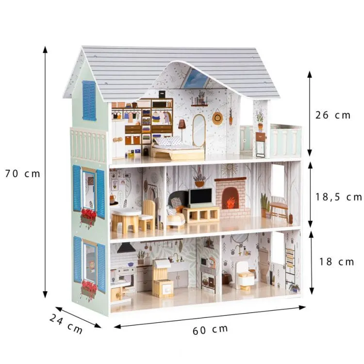 Casuta de Papusi Ecotoys, Emma, lemn, 3 etaje, 6 camere, mobilier 10 piese, multicolor KID974870 — imaginea 3