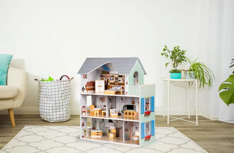 Casuta de Papusi Ecotoys, Emma, lemn, 3 etaje, 6 camere, mobilier 10 piese, multicolor KID974870 — imaginea 4