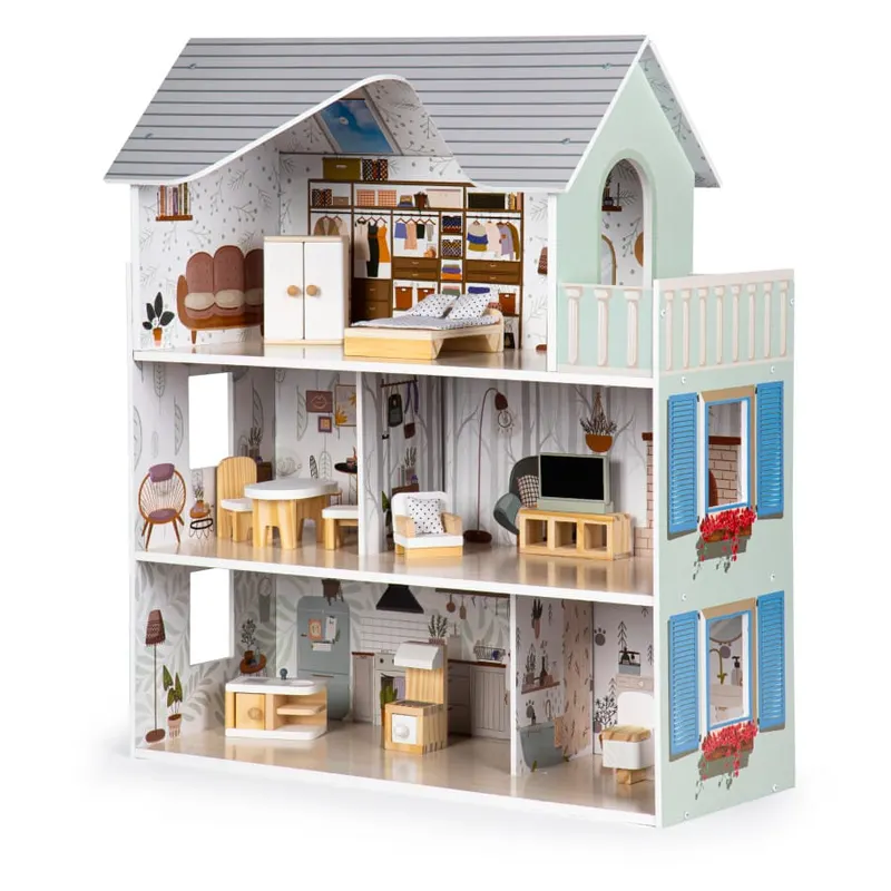 Casuta de Papusi Ecotoys, Emma, lemn, 3 etaje, 6 camere, mobilier 10 piese, multicolor KID974870 — imaginea 5